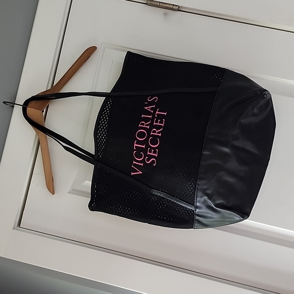 Victoria Secret black mesh with pink embroidered logo tote bag/ beach bag!